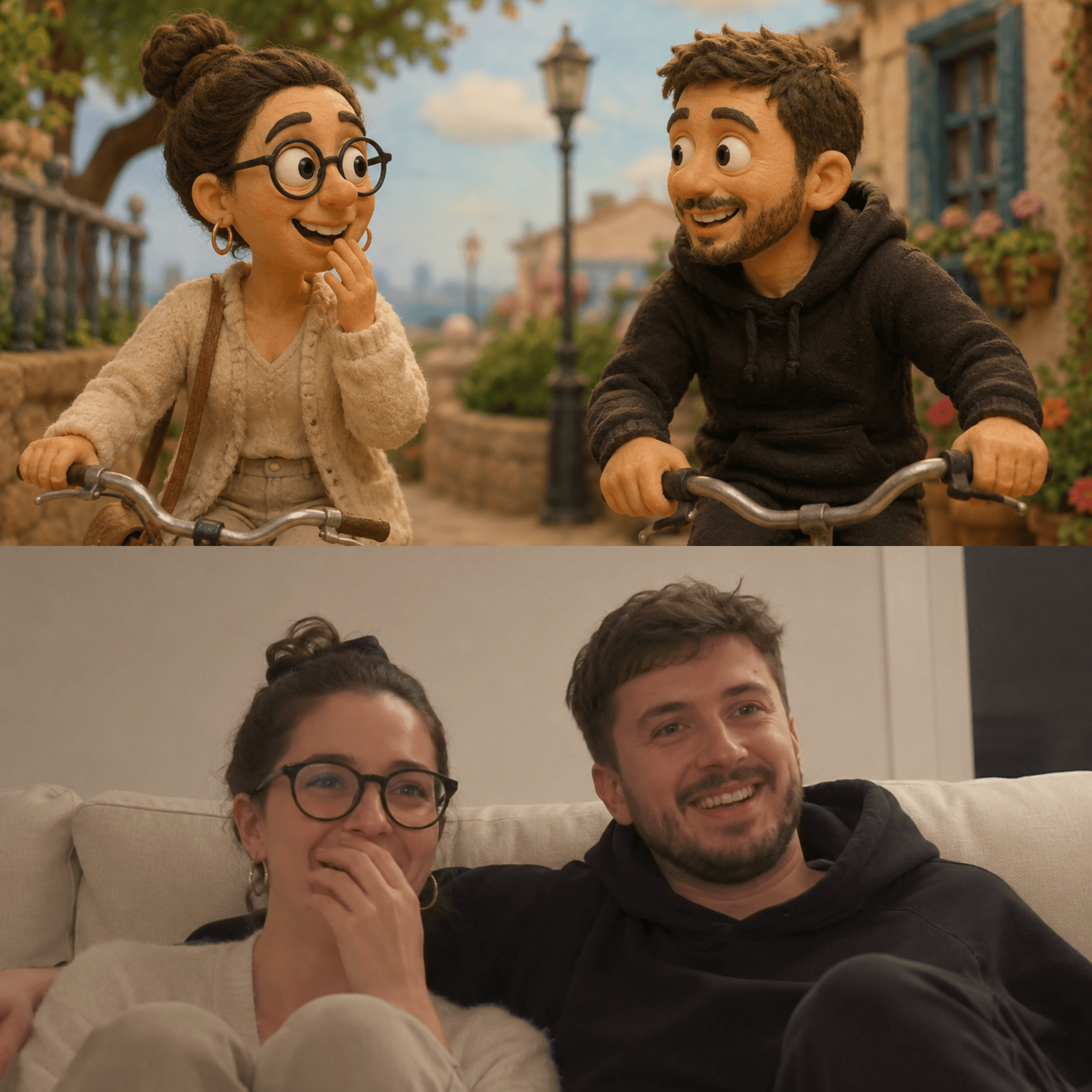 Couple découvrant un film personnalisé créé à partir de ses souvenirs