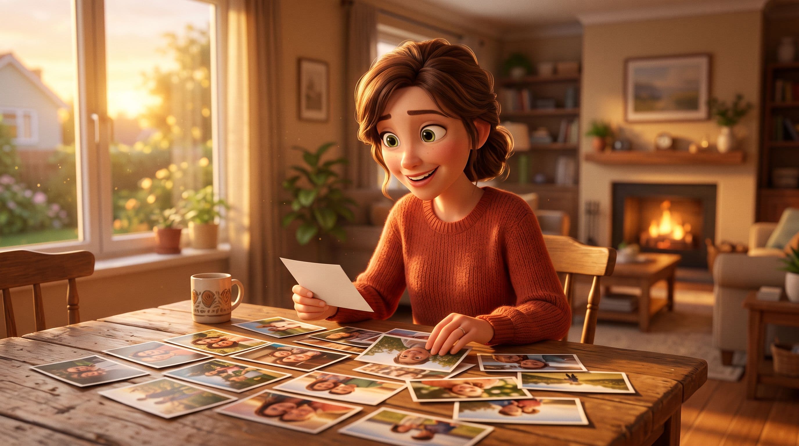 Warm 3D illustration of a smiling woman flipping through printed photos on a wooden table, golden late-afternoon light