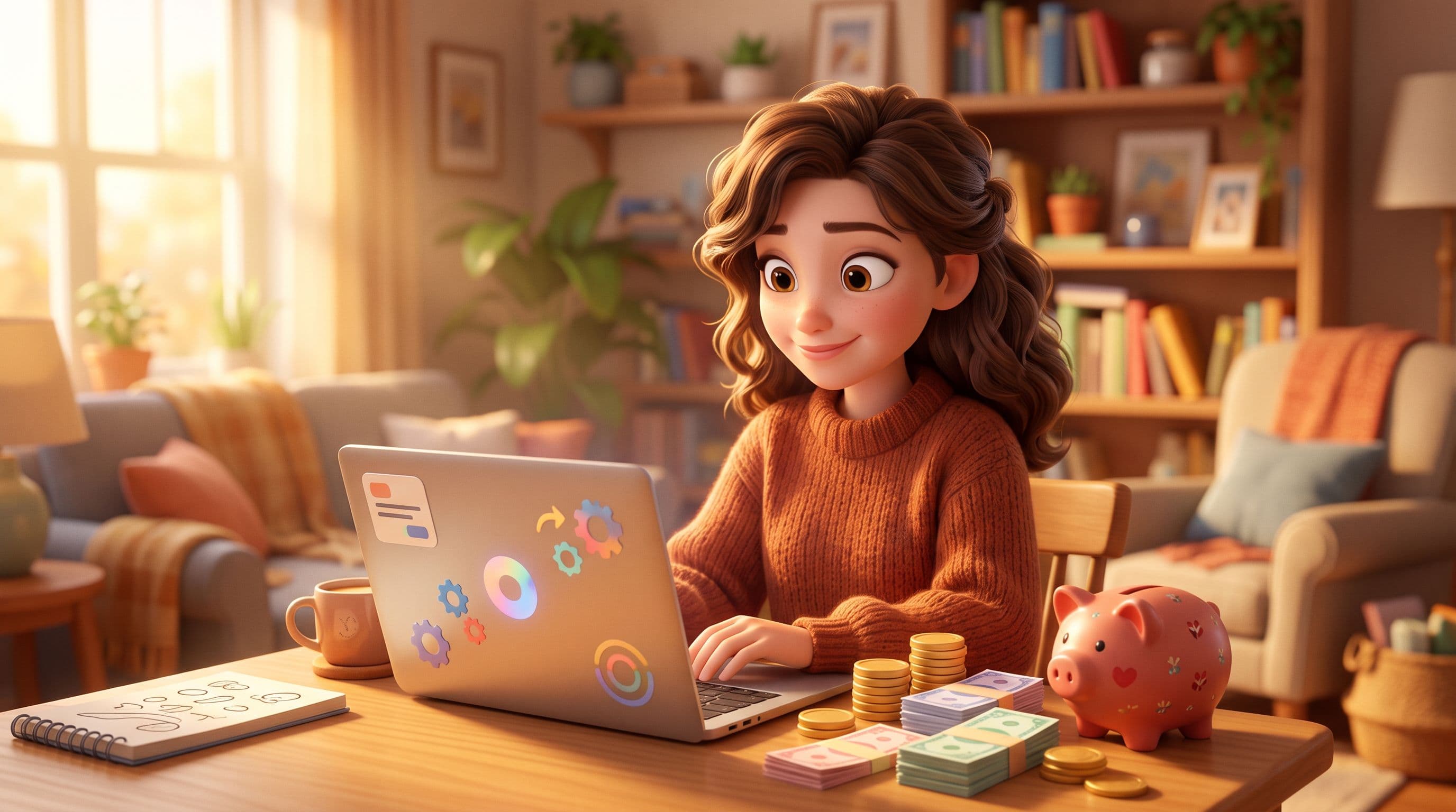 Warm 3D illustration of a smiling character in front of a laptop, with coins, banknotes and a piggy bank on the table