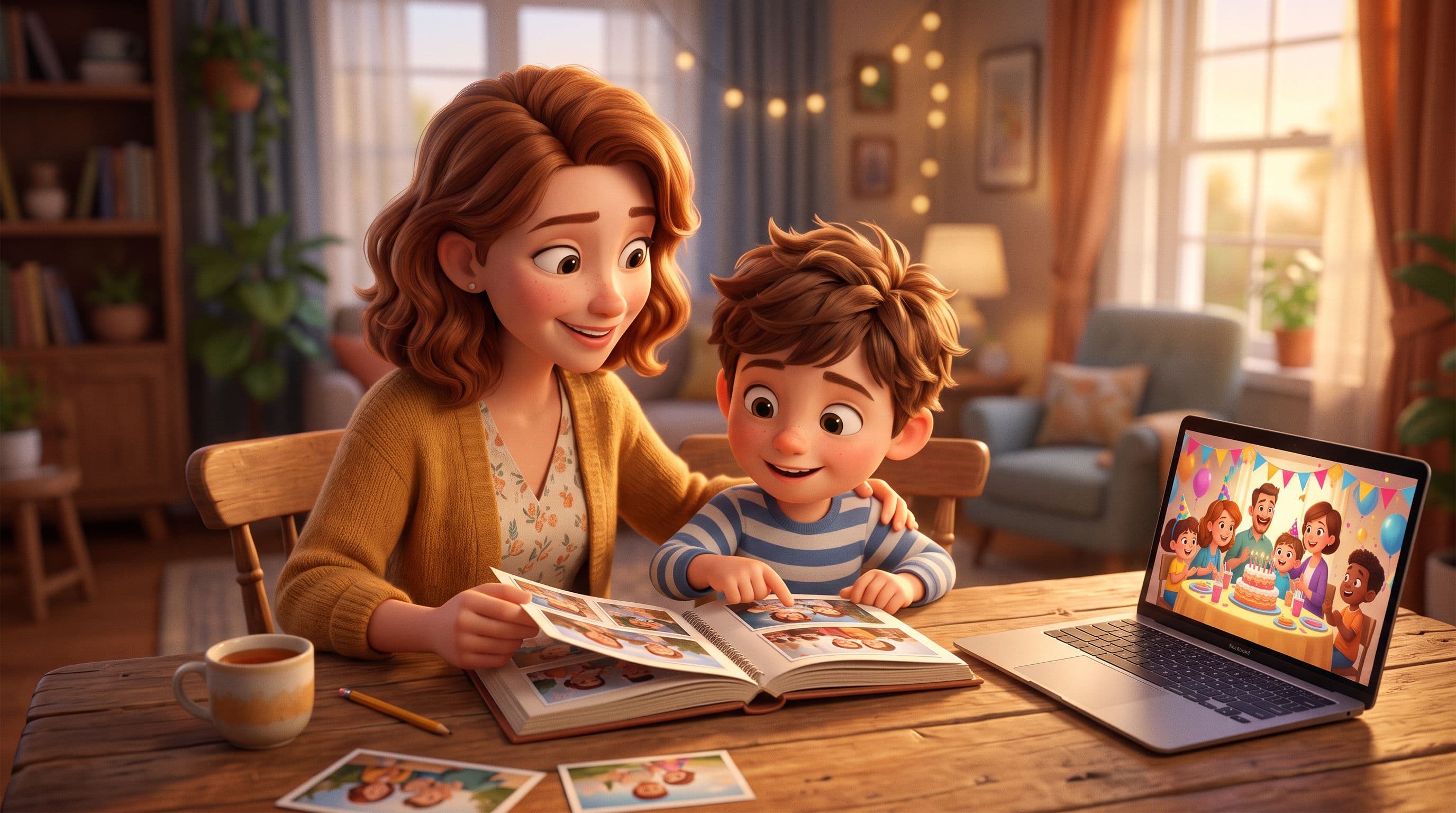 Warme 3D-Illustration einer Familie, die Fotos und einen personalisierten Animationsfilm auf einem Laptop anschaut