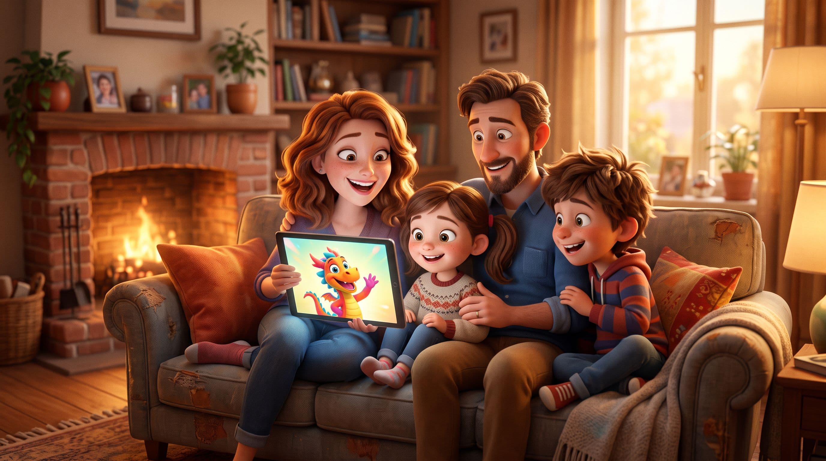 Calda illustrazione 3D di una famiglia sul divano che scopre un personaggio animato colorato su un tablet, luce dorata del soggiorno